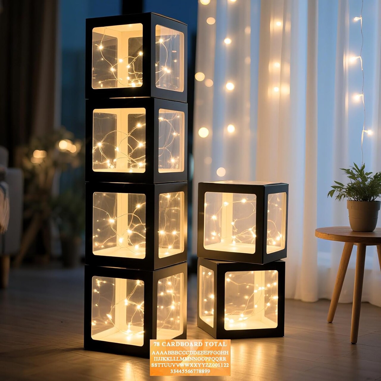 Transparent Balloon Boxes, Clear Balloon Boxes with 6 Pcs String Lights and 78 Letters for Baby Shower Gender Reveal Grad Birthday Party Anniversary Bridal Wedding Decor - 6 Black Boxes